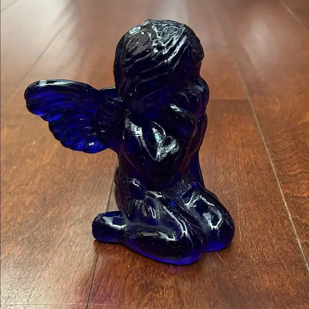 Vintage Deep Blue Cobalt Art Glass Cherub Angel Candle Holder